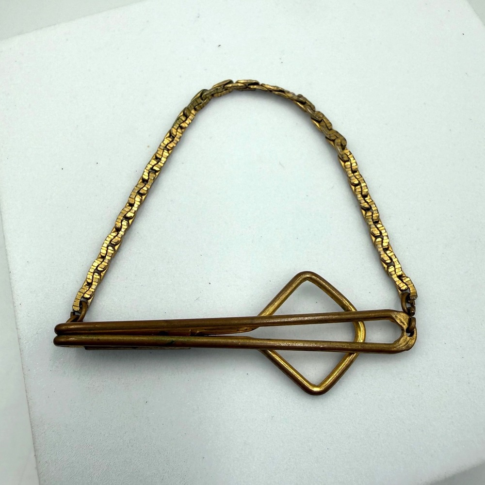 Vintage Swank Gold Tone Tie Clip Geometric‎ Diamond Motif with Chain